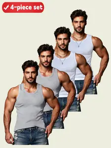 Men's Casual Fitted Sleeveless Tank Tops 4 Pack, Plain Color, Versatile Summer Wear, Gym & Beach, Essential Wardrobe Items