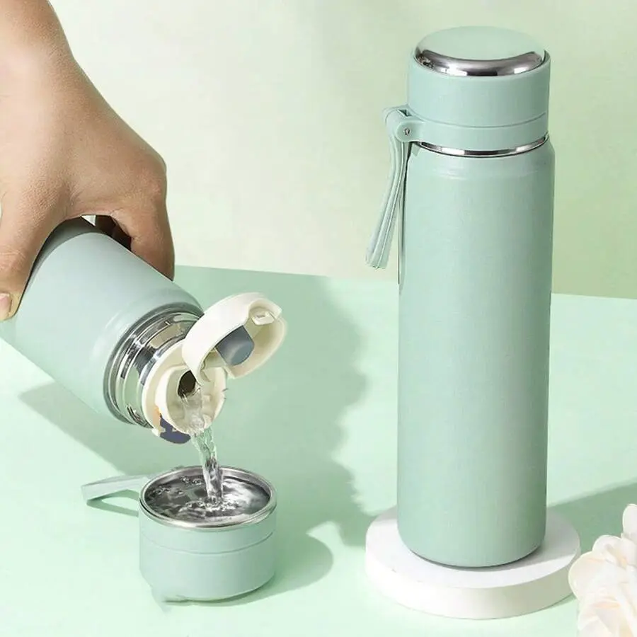 1pc 500ml/16.9oz Bullet-Shaped Insulated Tumbler With Strap, Stainless Steel Travel Mug, Portable Hot & Cold Drink Bottle