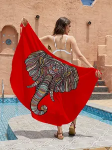 Elephant Animal Plant Print Beach Towel, Soft Round Polyester Sunscreen Bath Towel for Beach and Bathroom, Casual Leaf Pattern