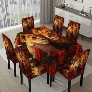 5/7-piece 2D Flat Printing Red Rose Double Lion Picture Printing Pattern Tablecloth and Chair Cover Set, for dining table and chair decoration, perfect for home, holiday gatherings, restaurants, and parties.
