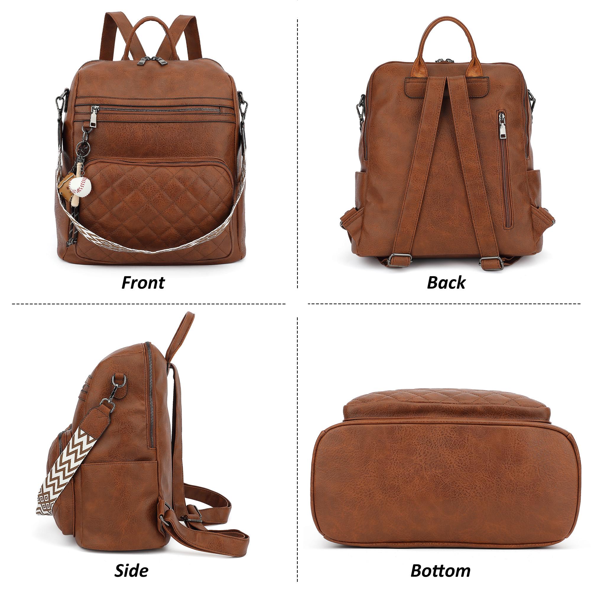 TANTOMI Women's Vintage Brown PU Leather Anti-Theft Quilted Backpack Purse with Detachable Wide Strap, Baseball Charm & Fashion Travel Shoulder Bag Functionality