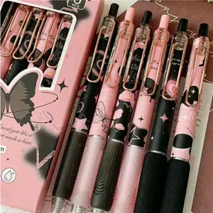 6-Pack Butterfly Design Retractable Gel Pens, Pen Set, 0.5mm Fine Tip, Ink, Rose Pattern, School Office Home Stationery, Gift for Girls Boys