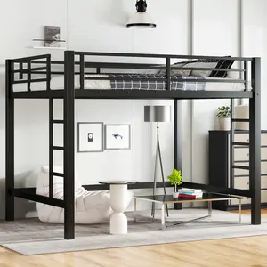 Full Size Metal Loft Bed, Loft Bed with Easy Climbing Ladder and Guardrails , Black Full Size Metal Loft Bed, Loft Bed with Easy Climbing Ladder and Guardrails , Black