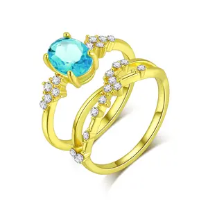 Fasjewly Sea ​​Blue Cubic Zirconia Ring 18K Gold Plated Stacking Ring for Women Men, Vintage Luxury Bule Gold Ring for Attend a banquet, Party, Fashion Daily Jewelry