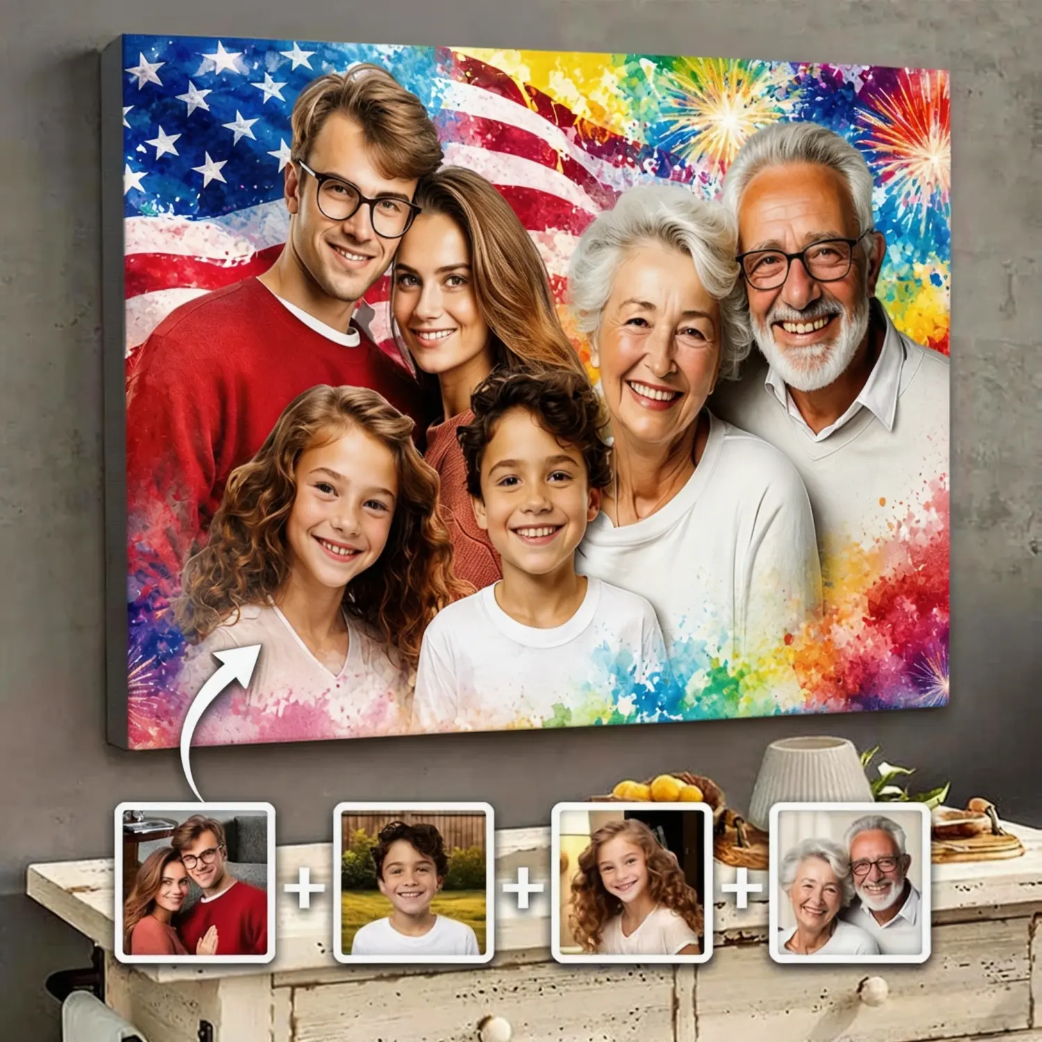 2D Flat, 2D Flat, 2D Flat Custom Memorial Canvas Gift, Combined Photos of Loved Ones, Ideal for Family Portraits. A Unique Gift for Family Members, Perfect for Home Decoration And Wall Art poster.American Independence Day gifts.
