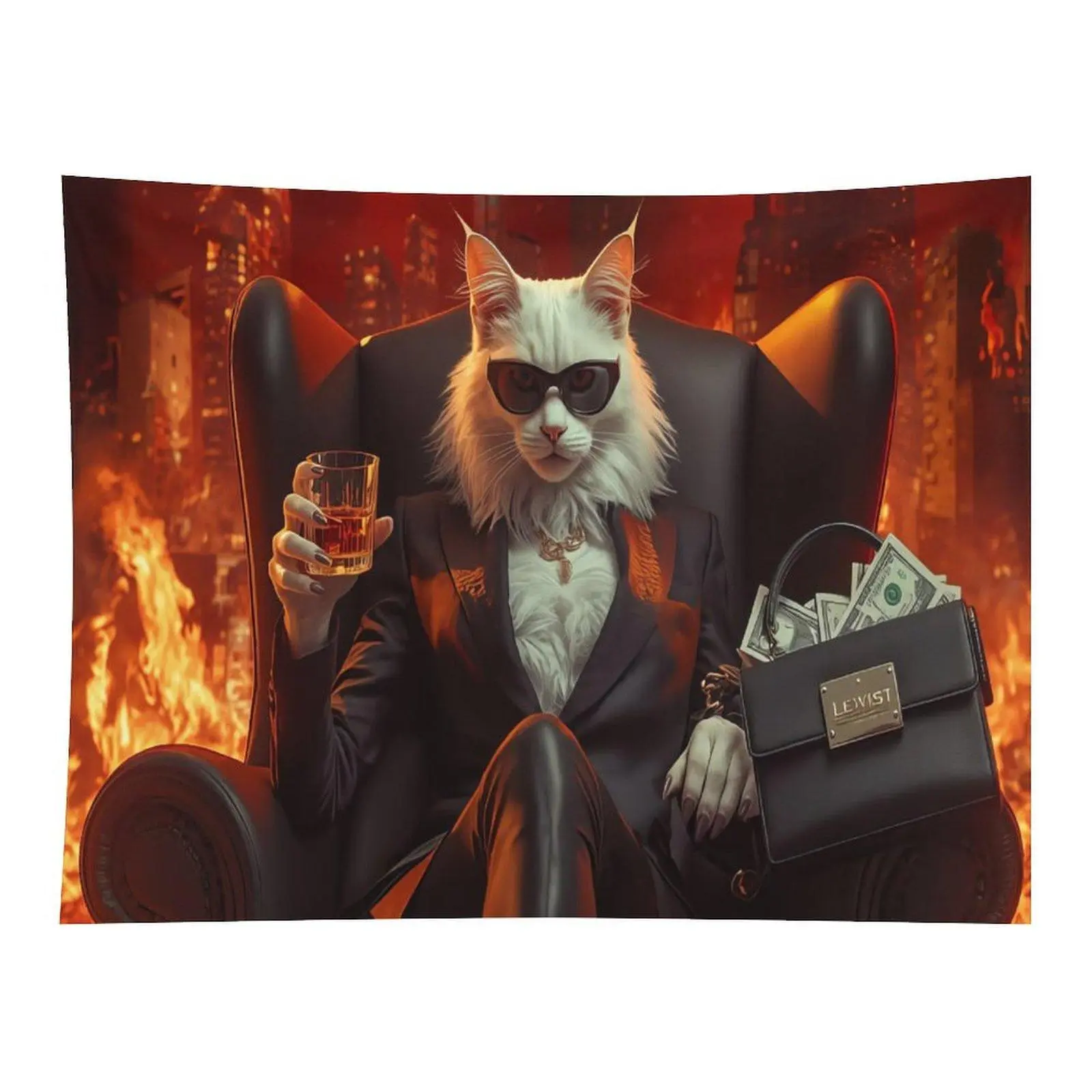 Gangster White Maine Coon Cat Suit Sunglasses Whiskey Cash Bag Burning City Night Wall Tapestry Wall Hanging, Cool Rich Mob Boss Cat Meme Urban Fire Decor for Teen Boys Gaming Bedroom Backdrop