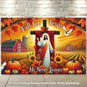 2D Flat, 1pc Fall Jesus Religious Backdrop Banner - Christian Church Party Decorations with "Fall for Jesus He Never Leaves" - Autumn Farm Scene in Warm Orange, Red, Yellow, Green, Brown - Hanging Wallpaper