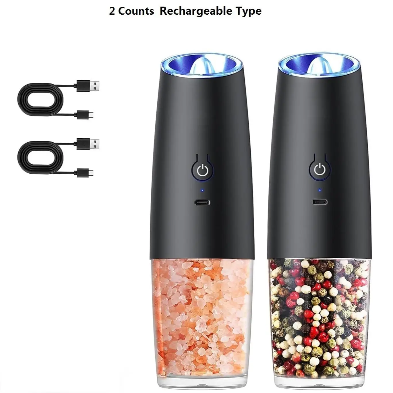 Electric Pepper Grinder, 1/2 Counts Gravity Salt & Pepper Grinder with LED Light, Kitchen Seasoning Utensils without Battery