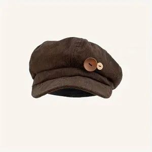 Vintage Corduroy Octagonal Beret Hats Classic Button Decor Newsboy Hat Lightweight Solid Color Painter Berets For Women Autumn & Winter
