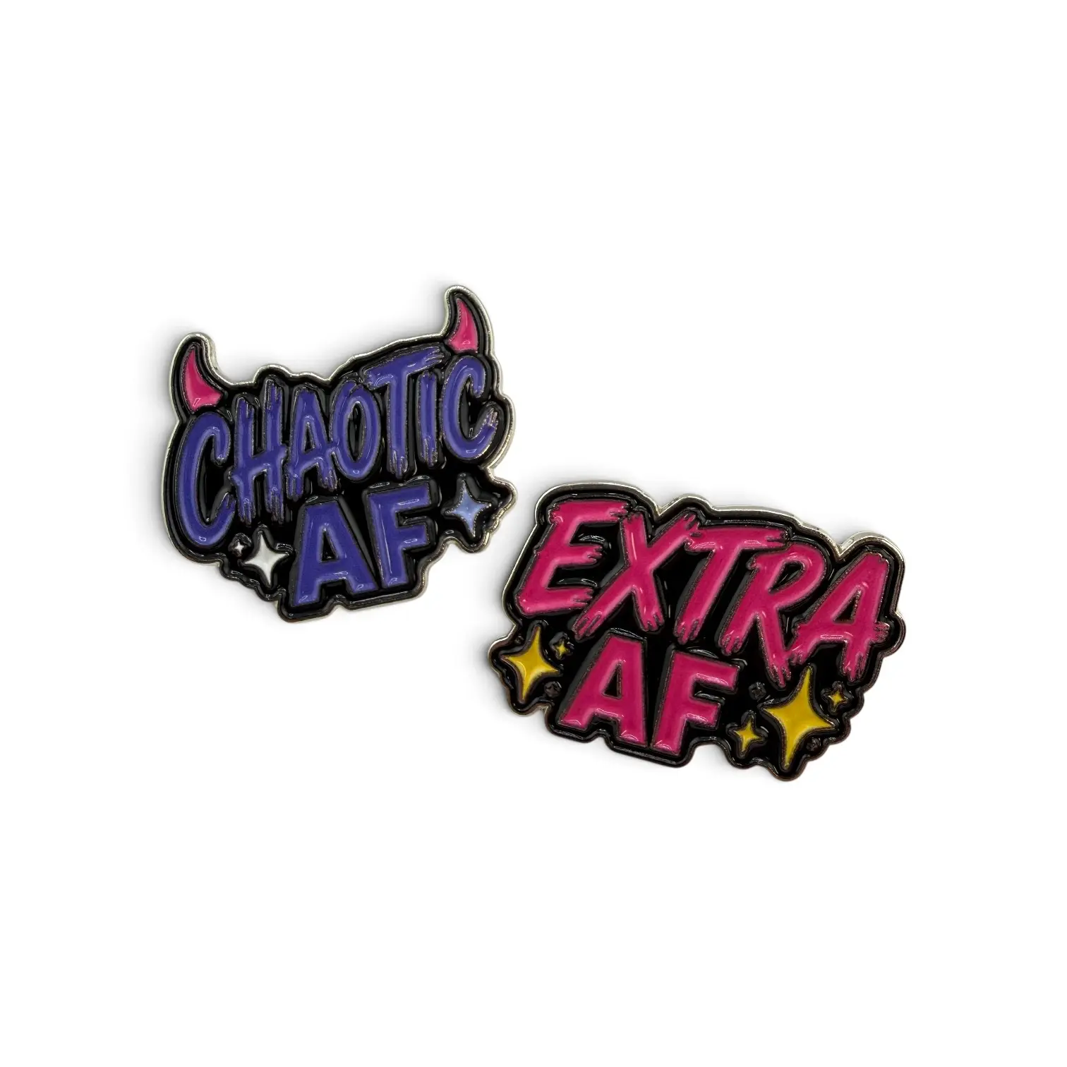 Sassy Statement Enamel Pin Bundle - Chaotic AF & Extra AF, Funny Relatable Humor Badge Brooch Accessory, Bestie Gift Lapel Pin for Jackets, Lanyard, Backpack