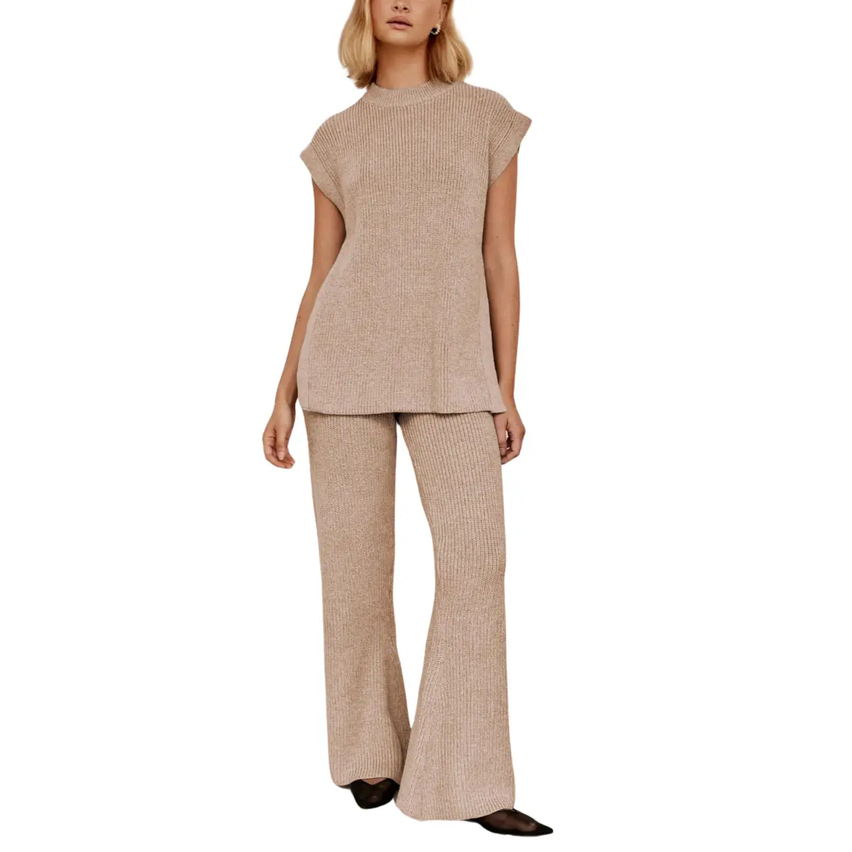Yeokou Women's Casual Knit Lounge Set, 2-Piece Comfy Nightwear with a Sleeveless Pullover Top and Wide Leg Pants Outfit, Two Piece
