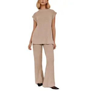 Yeokou Womens 2 Piece Outfits Sweater Set Sleeveless Side Slit Pullover Top Knit Wide Leg Pants Lounge Matching Sets