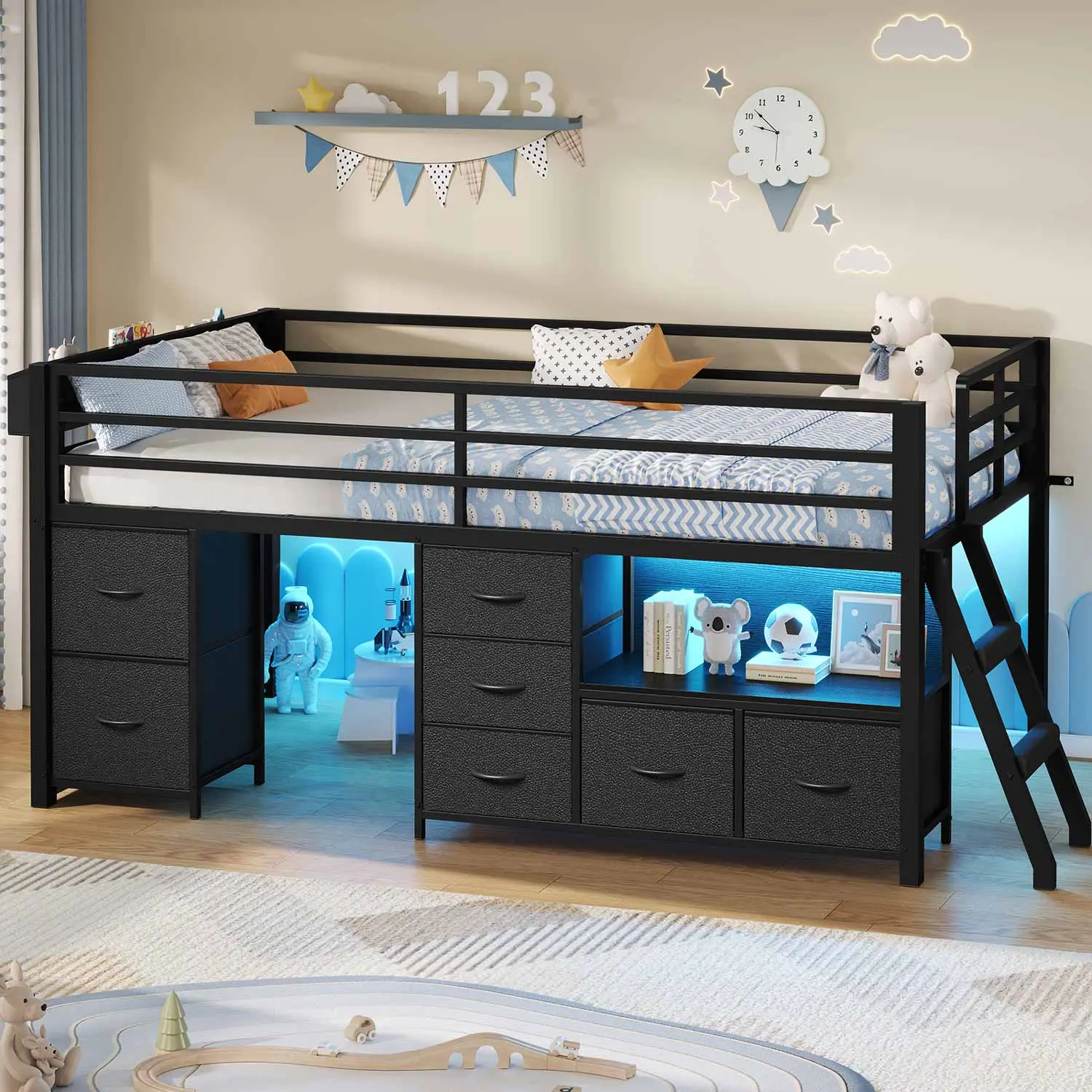 SIKAIC Twin Low Loft Metal Bed Frame - Color-Changing RGB LEDs, 7 Storage Drawers, Built-In Bookcase, Inclined Stairs, Ideal for Apartment Furniture & Small Space Beds