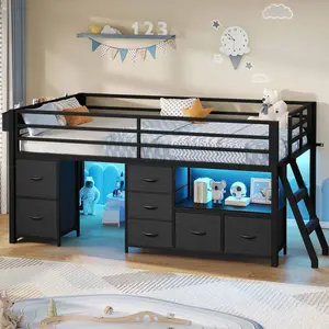 Low Loft Bed Twin Size with 7 Storage Drawers, Bookcase and LED Lights Black