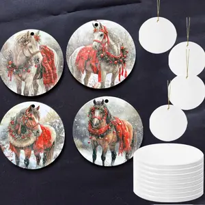 Set of 12 Sublimation Blank Christmas Hanging Ornaments, Round White Double-sided Heat Transfer Printing Xmas Tree DIY Decorations with Golden Strings for Festival Gifts/ Home Decorations/ Crafts