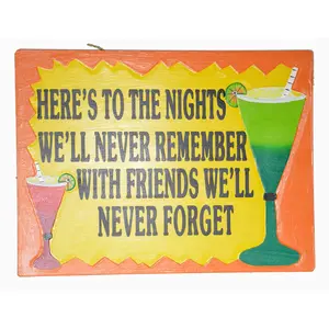 WorldBazzar Hand Carved Wooden HERE is to The Nights We'll Never Remember with Friends We'll Never FORGETCocktails Drinking Beach Surfboard Sign