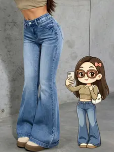 Women's Casual Bell Bottom Flared Denim Jeans, Pocket and Button Design, Comfortable and Versatile Fit, Fashionable Daily Wear, Ankle Length, Mid Waist, All Seasons