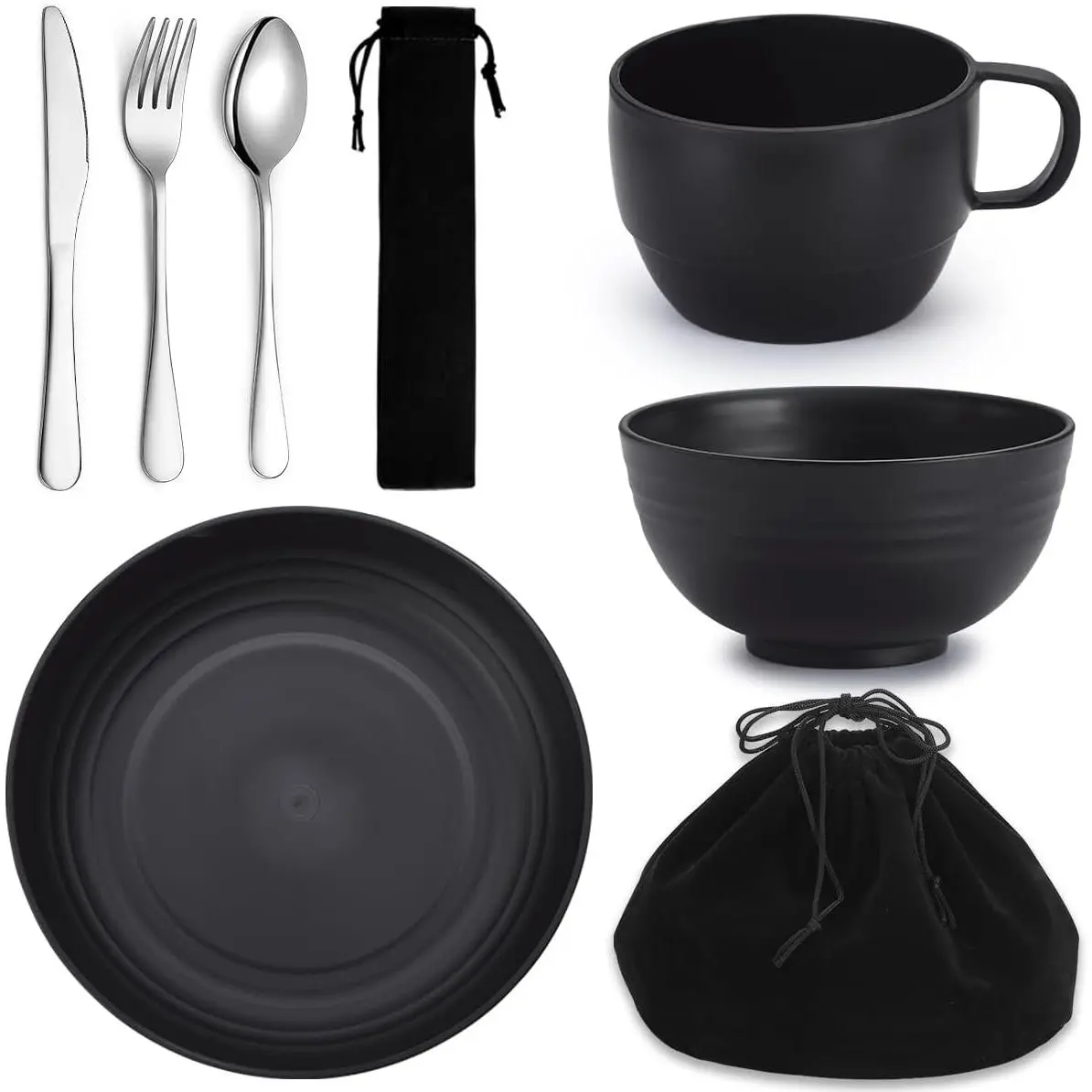 Portable Camping Mess Kit, 6-Piece Reusable Dinnerware Set with Stainless Steel Utensils, Plastic Plate, Bowl & Cup, Dishwasher Safe for Travel, Picnics & Barbecues, Daily Use, Easy To Clean, Environmental Protection, Microwave Safe, Street Foods, Plastic