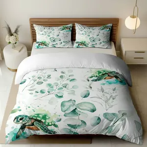 3PCS Duvet Cover Set, 1 Duvet+2 Pillowcases(Without filler), Turtle Leaf Watercolor Nature Sea theme, Summer bedding set, Eco-friendly Soft Comfortable Suitable for decoration Bedroom Living Room Guestroom Cottage, Bed Sets