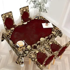 2/4/6/5/7 pieces of fashionable and high-end chair cover and tablecloth sets, thickened chair cover and tablecloth sets (1 tablecloth + 4 chair covers or 1 tablecloth + 6 chair covers), easy to care for, reusable, for home decoration