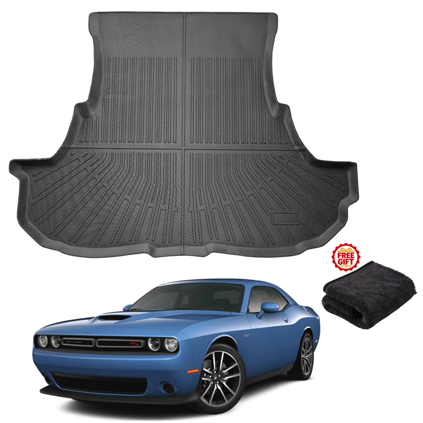 Canvcle Custom Fit TPE Rear Trunk Cargo Liner for 2011-2023 Dodge Challenger, 30"l x 23"w x 3"th Textured Automotive Mats, All-Weather Accessory, Non-Slip Stain-Resistant Easy to Clean Black Mat, Protects from Liquids, Free Super Absorbent Towel Included
