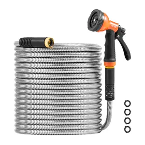 VEVOR Metal Garden Hose 50 ft, Rust Proof Stainless Steel Water Hose, Heavy Duty Backyard Hose with 10 Function Nozzle, No-Kink & Flexible Water Pipe, Lightweight Metal Hose for Yard, Outdoor