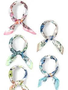 Floral Outline Pattern Print Silk like Large Square Satin Headscarf Headdress Bandana Light Weight Scarf