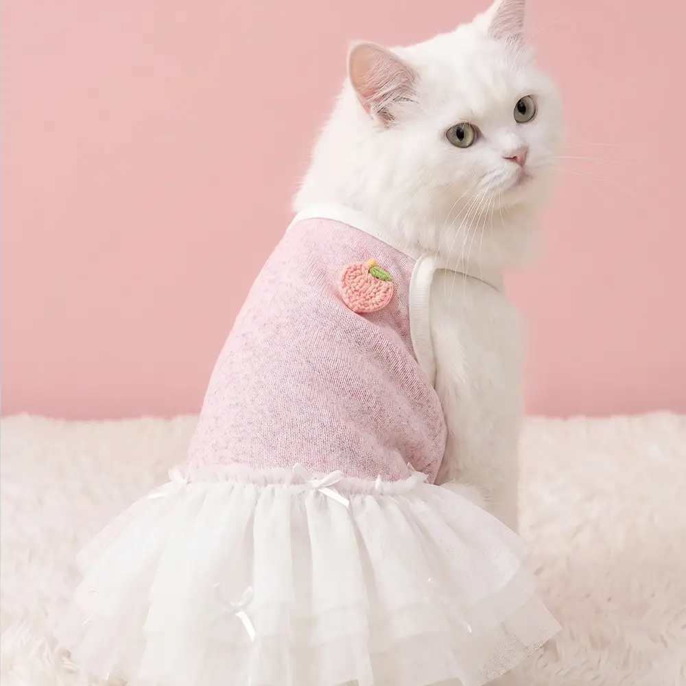 [Pangxigua] 1-Piece Knit Fabric Kitten Sling Dress, Cute Crochet Peach Decor, Double-Layer White Tulle Skirt with Mini Satin Bows, Multi-Size Pet Clothing for Holidays, Events, Birthdays