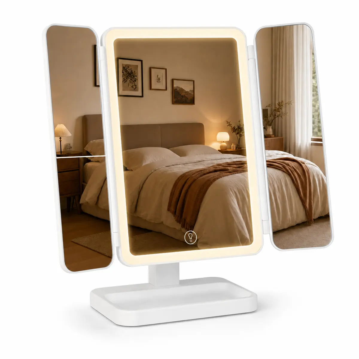 Rechargeable LED Trifold Makeup Mirror with 3 Color Dimmable Lights, 4800mAh Large-Capacity Battery, Touch Control Vanity Mirror for Travel & Bedroom、Gift for Women