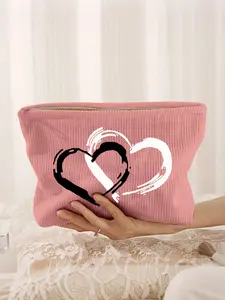 One Stylish and Simple Portable Cosmetic Storage Bag, Featuring a Heart-Shaped Print, Suitable for Women and Girls, For Travel, Home, And Daily Use. It Has a Large Capacity, Is Made of Towel Fabric, And Serves as a Cosmetic Storage Pouch, Makeup Pouch.