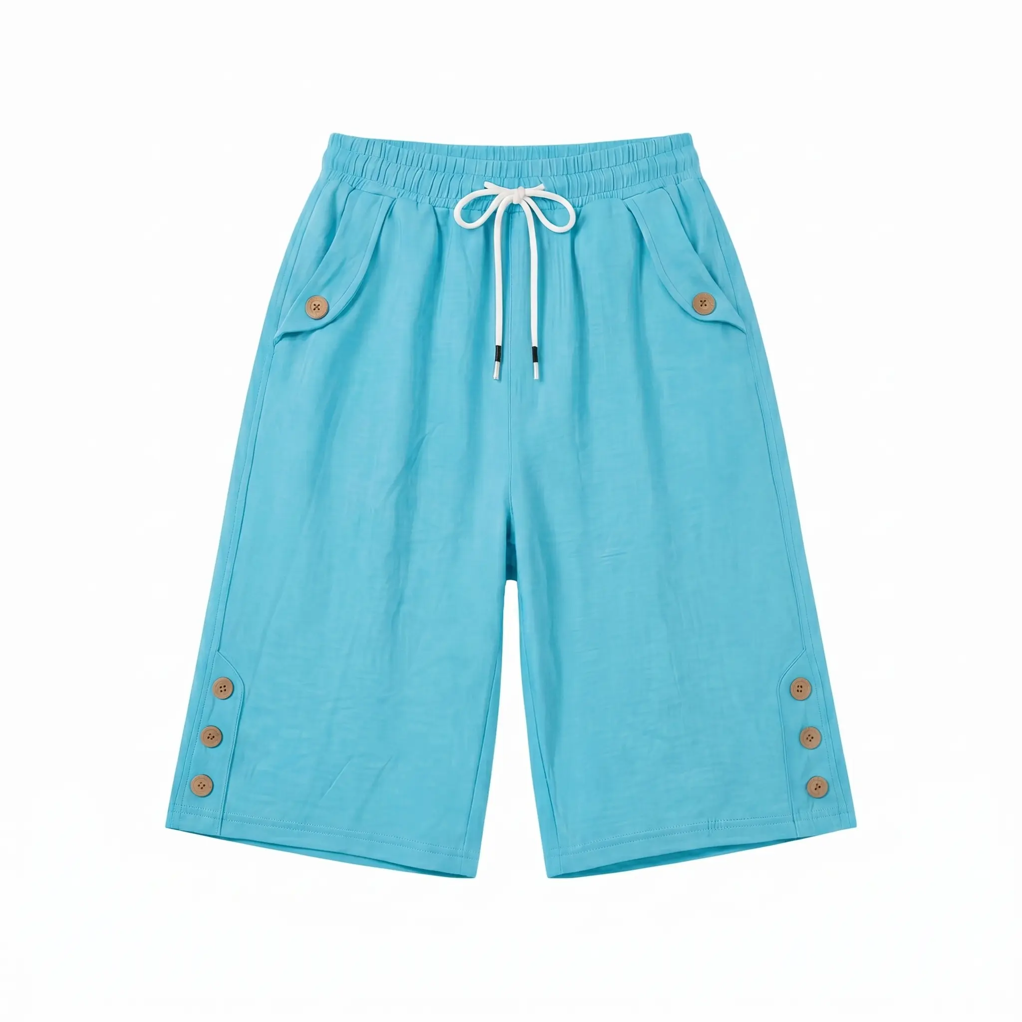 Women&rsquo;s loose Bermuda shorts with an elastic waistband and drawstring design, casual knee-length length, featuring decorative buttons for comfortable everyday wear.