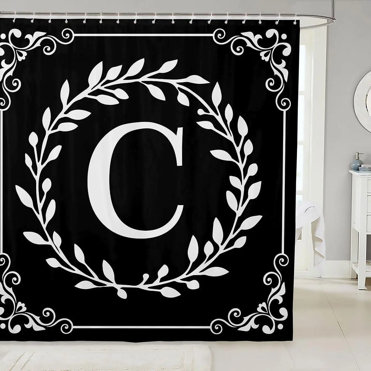 Feelyou C-Monogram Cool Shower Curtain Set - Waterproof, Washable, Bathtub-Fit, Multi-Size, Hooks Included, Modern Black White Designer Print, Cute Border, Personalized Teen Girls Dorm Room Gift, Household Textile Decor