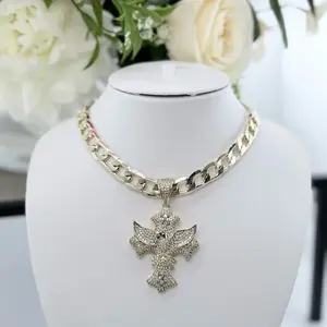 (118) Rhinestone Filled Cross with Bird Pendant for Men with Cuban Chain