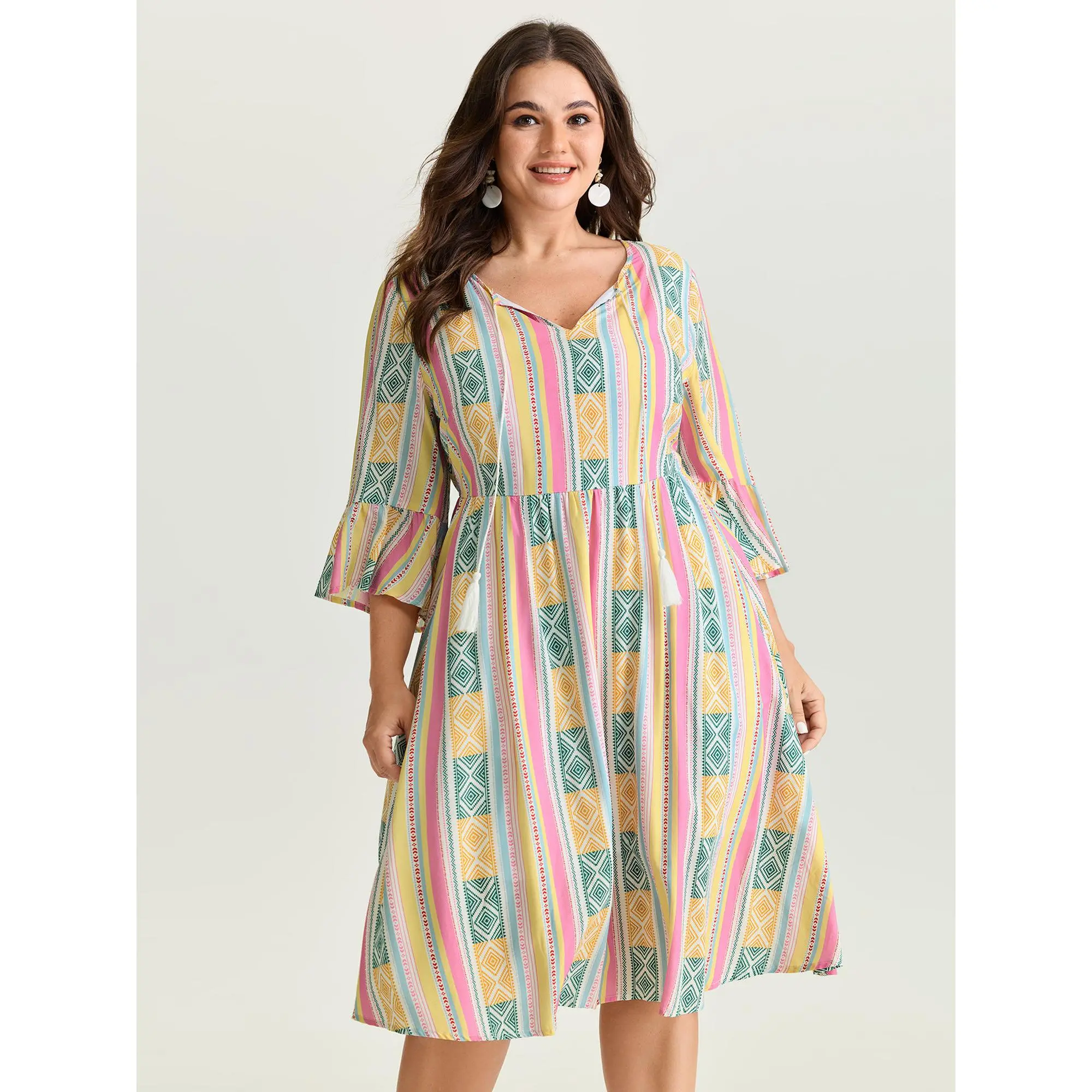 BloomChic Women's Plus Size Bohemian Rayon Garment Dress - Multicolor Geometric Print, 3/4 Sleeves, Drawstring Waist, Casual Resort Wear, Curvy Style, 14-16/1x, 18-20/2x, 22-24/3x, Low Iron, Cold Wash, Smooth Fabric, Stylish, Do Not Tumble Dry