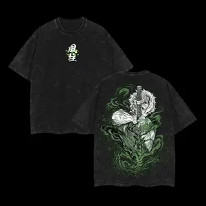Sanemi Wind Hashira T-Shirt – Demon Slayer Infinity Castle Oversized Washed Tee, Vintage Double-Sided Anime Graphic Shirt, Heavy Cotton Otaku Streetwear for Gym & Daily Wear