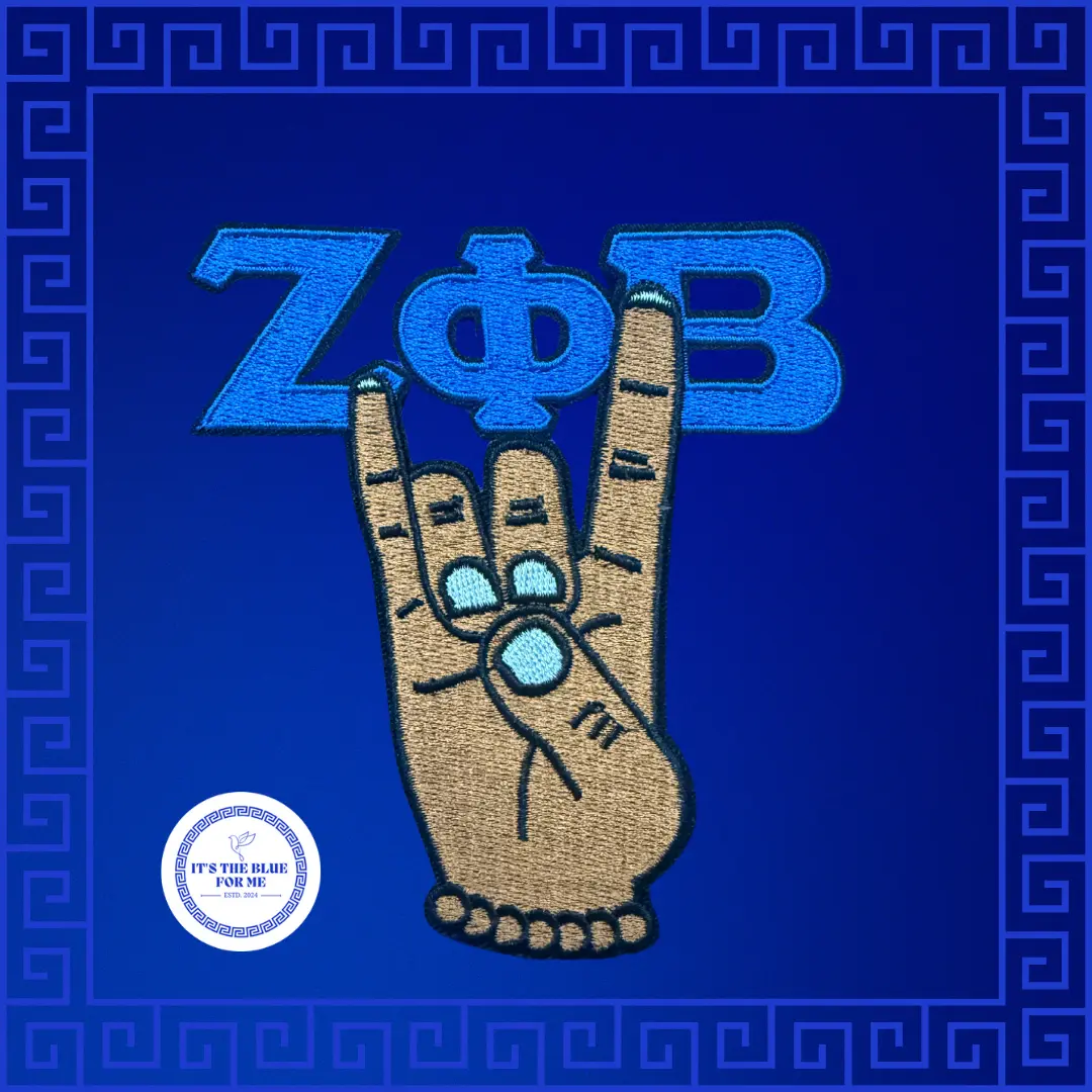 Z Phi B Kitty Hand Patch 3-5 Inch Blue Background with Greek Key Border and Rock Sign Gesture