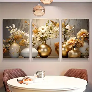 3-Piece Modern Abstract Vase and Floral Canvas Painting Set - Wooden Frame Wall Decoration, Suitable for Living Room, Bedroom, Office - Perfect Gift Idea Hanging Print Ornaments Artistic Photo