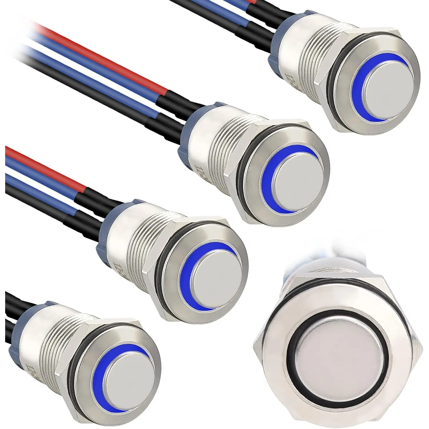 5pcs 12mm Latching led Push Button Switch Silver Shell with pre-Wiring, IP65 Waterproof Push Button Switch,1NO 1 Normally,Self-Locking with LED(Blue).