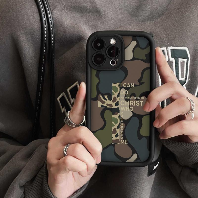 Camouflage Pattern With Cross Phone Case Iconic Christian Faith Artwork Featuring A Thickened Soft Tpu Back And Raised Camera Step Design Blending Cloud-Like Comfort With Reliable Lens Protection For iPhone 17 16 15 14 13 12 11 X XS