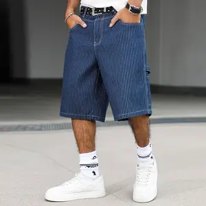 Men's Summer Loose Fit Striped Denim Cargo Shorts, Blue Wash Multi-Pocket Jean Shorts, Casual Streetwear Shorts with Cargo Pockets, Ideal for Daily Outings & Casual Styling