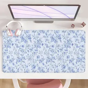 [Gaming Mouse Pad] Ultimate Blue Floral & White Vine Design Non-Slip MousePad Desktop Accessory For Desk With Rubber Base & Stitched Edge, Perfect For Home Office Use And Seasonal Gifting