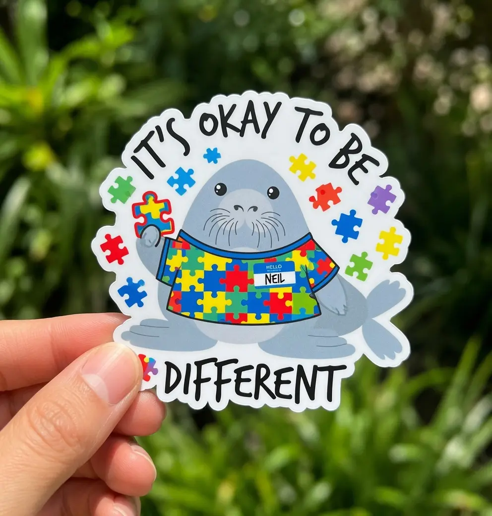 Is it okay to be different Autism Awareness Neil the Seal Sticker, Seal Sticker,  Puzzle Cute Sticker, Laptop Stickers, Funny Sticker, Gift for Friend HG