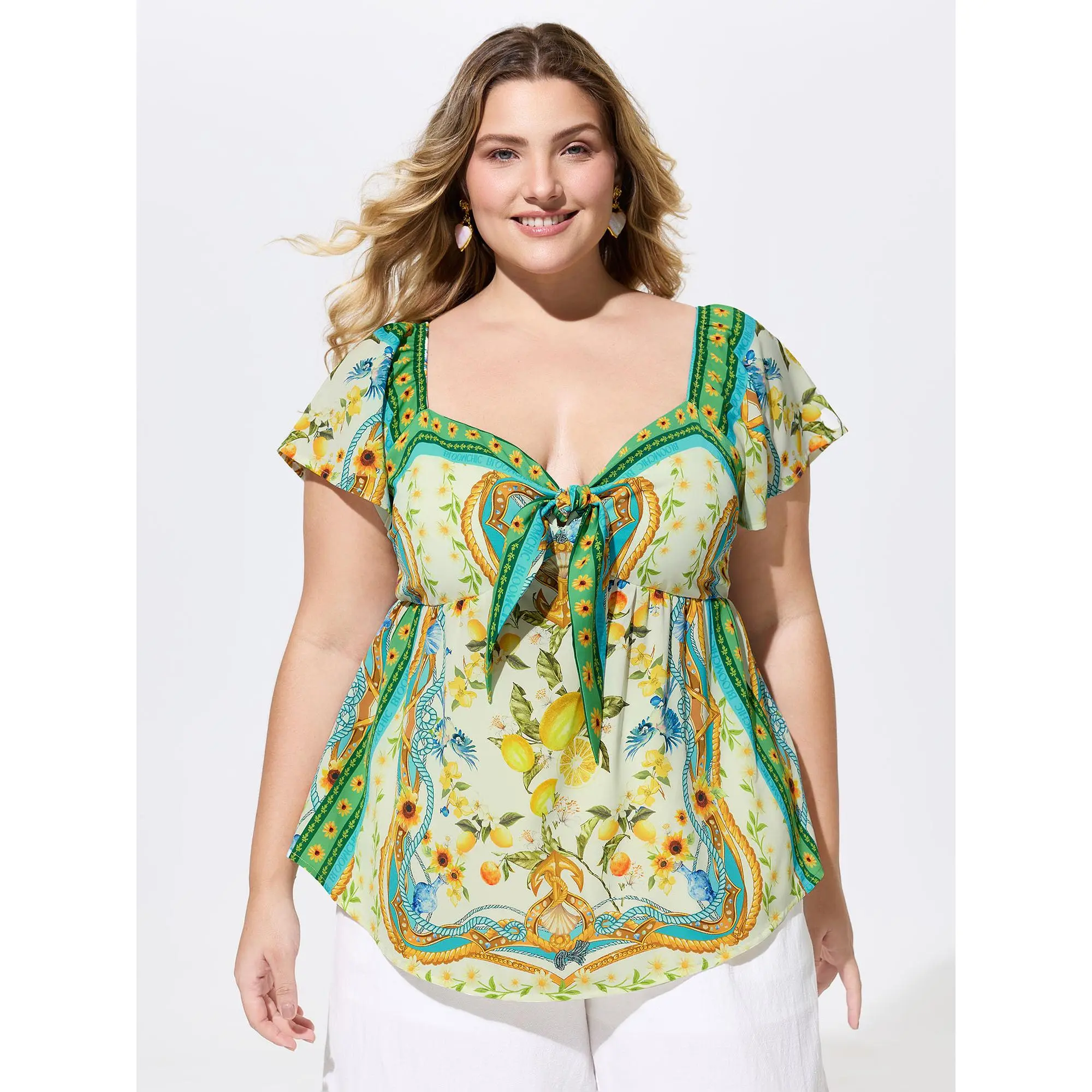 BloomChic Women's Plus Size Lemon Floral Print Polyester Resort Blouse with Heart Neckline, Knotted Front and Ruffle Short Sleeves, Shortsleeve, Fit, Plus Size Clothes