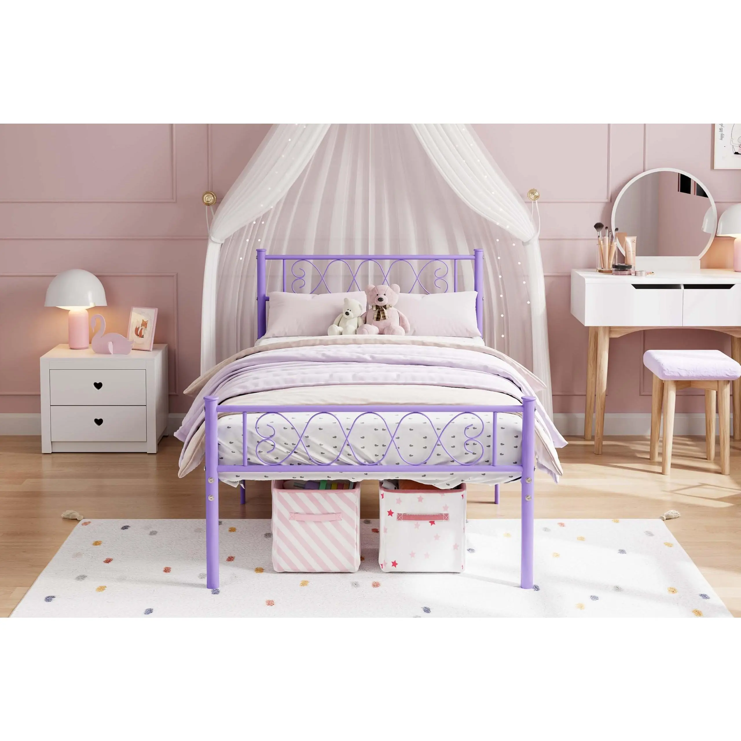 【GARVEE】Twin Platform Bed Frame, Purple Metal Bed Frame with Heart-Shaped Iron Headboard, Footboard, 12.2'' H Underbed Storage, Reliable Metal Slats Supports, No Box Spring Needed