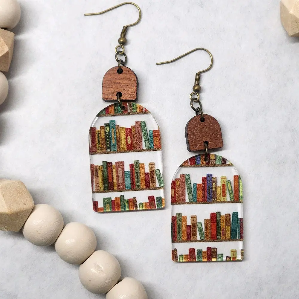 Just One More Chapter Bookshelf Dangle Earrings with Colorful Book Design and Wooden Accents for Book Lovers