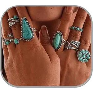 Bohemian Turquoise Ring for Women Stackable Vintage Chunky Boho Turquoise Ring Set Dainty Open Gemstone Knuckle Midi Finger Rings Western Statement Rings Jewelry