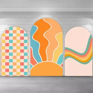 Vintage Sunburst Checkerboard Arch Covers Stretchy Backdrop – Groovy Wave Design, Perfect for 70s Themed Birthday & Boho Event Photo Backdrop