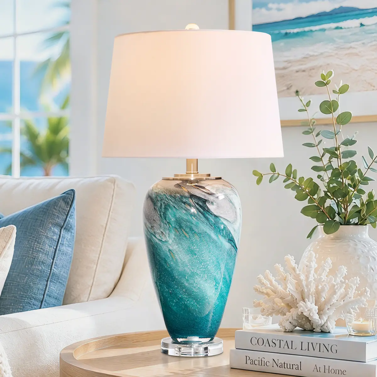 27.5" Blue Art Glass Table Lamp, Modern Coastal Bedside Lamp with Crystal Base, Linen Shade for Bedroom Living Room Entryway and Includes LED bulbs