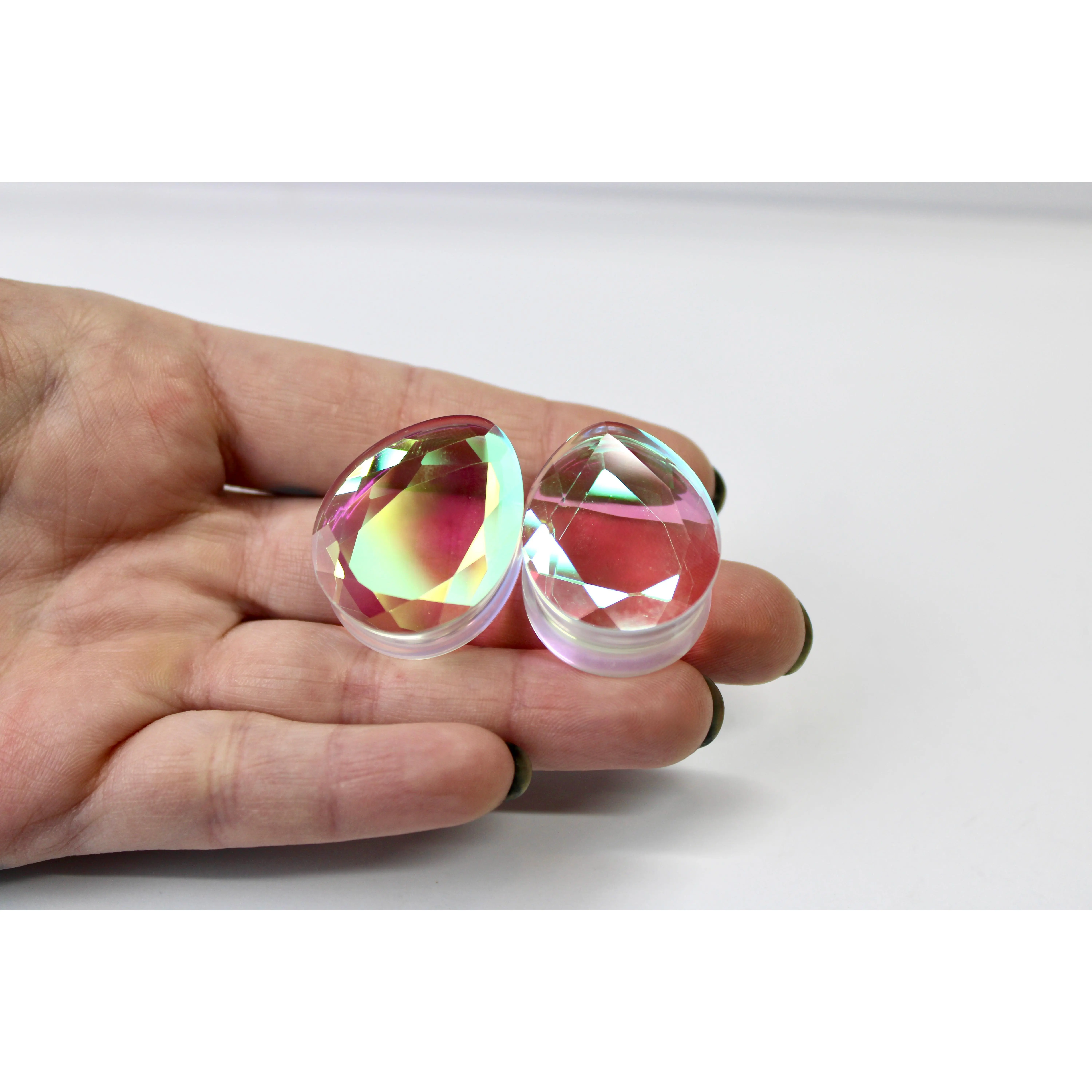 Faceted Diamond Iridescent Glass Tear Drop Plugs - Elegant Faceted Diamond-Style Design, Available in Multiple Sizes, Glamorous Body Piercing Costume Jewelry