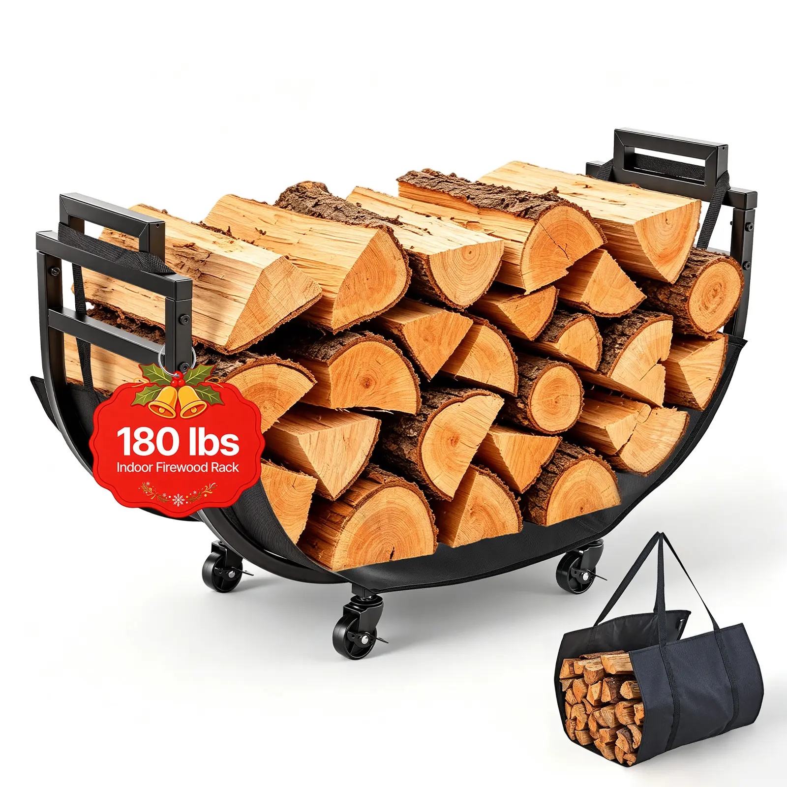 VEVOR Firewood Rack 31.69 Inch Heavy Duty Indoor Fire Wood Storage Holder, for Fireplace Patio Deck, 180 lbs Load Capacity, 4 Locking Swivel Casters, Log Stacker Stand Metal Wood Pile Organizer, Black